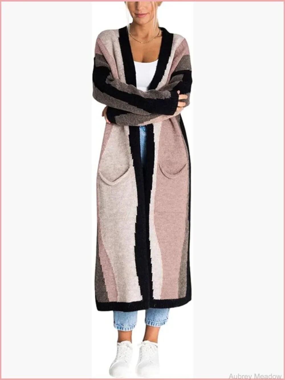 Color Block Open Front Long Cardigan Sweater Coat with Pockets